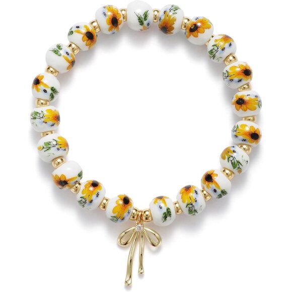 Yellow Flower Handmade Stretch Dainty Bead Bow Charm Bracelet for Women - Picture 1 of 2